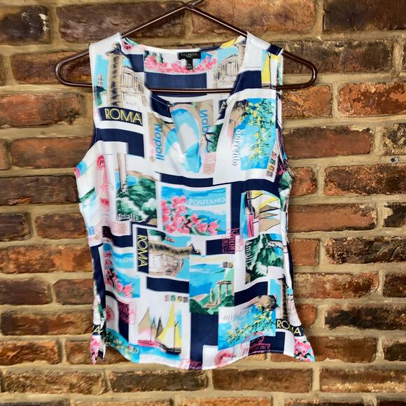 Talbots Postcard Post Card Print Sleeveless Blouse Women's Size Small Petite - Picture 1 of 6